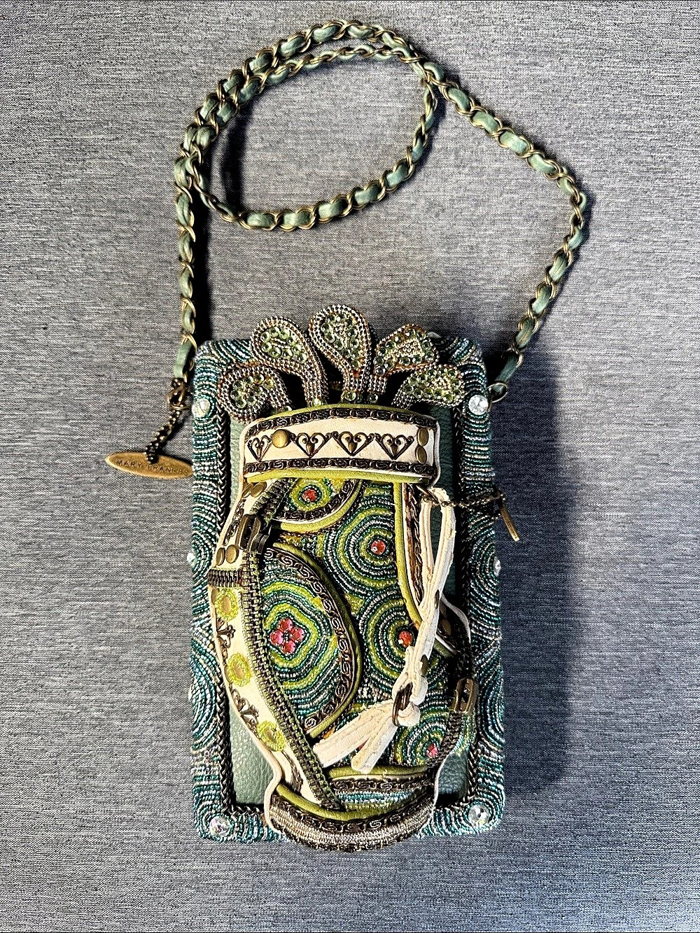 Mary Frances Tee Time Beaded Paisley Crossbody Bag Green & Blue